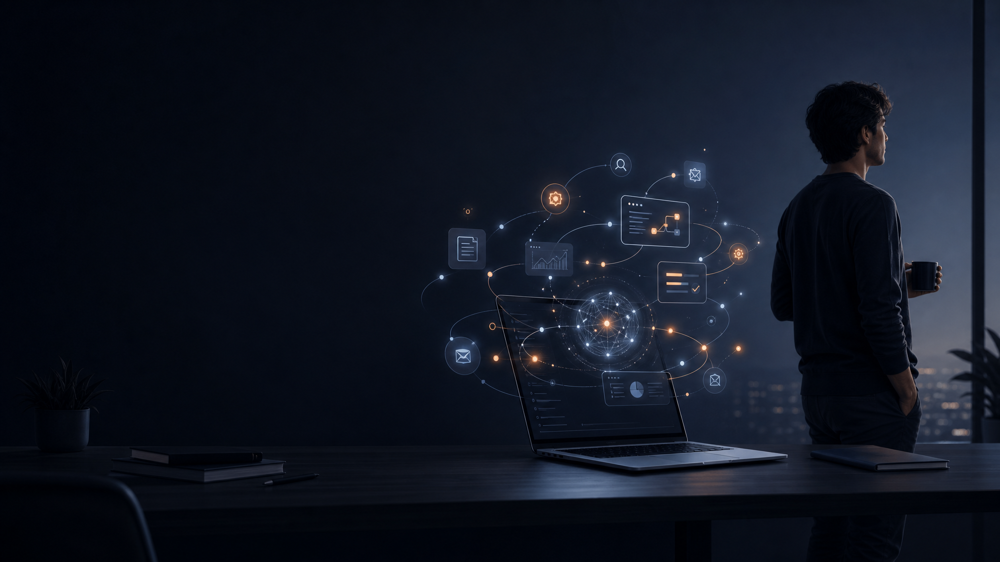Developer calmly delegating work to autonomous AI agents